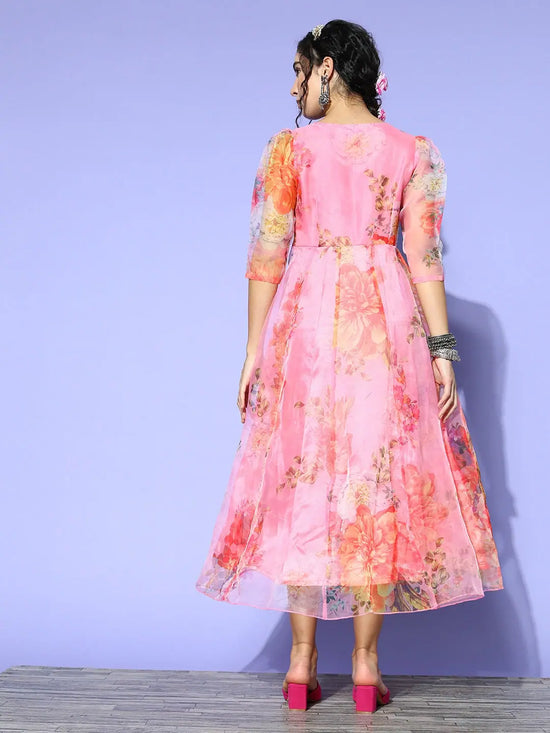 Women Pink Organza Floral Wrap Anarkali Maxi Dress