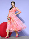 Women Pink Organza Floral Wrap Anarkali Maxi Dress