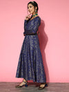 Women Navy Chanderi Foil Anarkali Maxi Dress