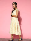 Women Beige Chanderi Gold Foil Cap Sleeves Anarkali Dress