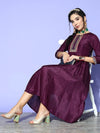 Women Burgundy Mirror Embroidered Anarkali Dress