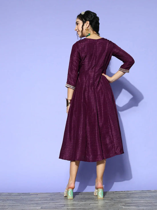 Women Burgundy Mirror Embroidered Anarkali Dress