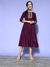 Women Burgundy Mirror Embroidered Anarkali Dress