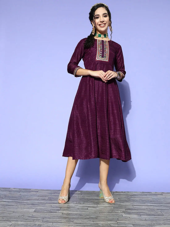 Women Burgundy Mirror Embroidered Anarkali Dress