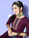 Women Burgundy Mirror Embroidered Anarkali Dress