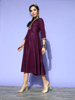 Women Burgundy Mirror Embroidered Anarkali Dress