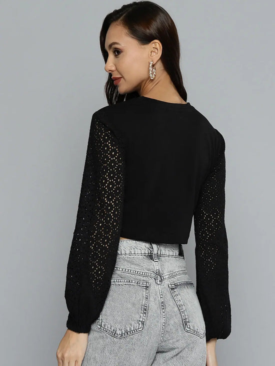 Women Black Schiffli Round Neck Crop Top