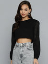 Women Black Schiffli Round Neck Crop Top