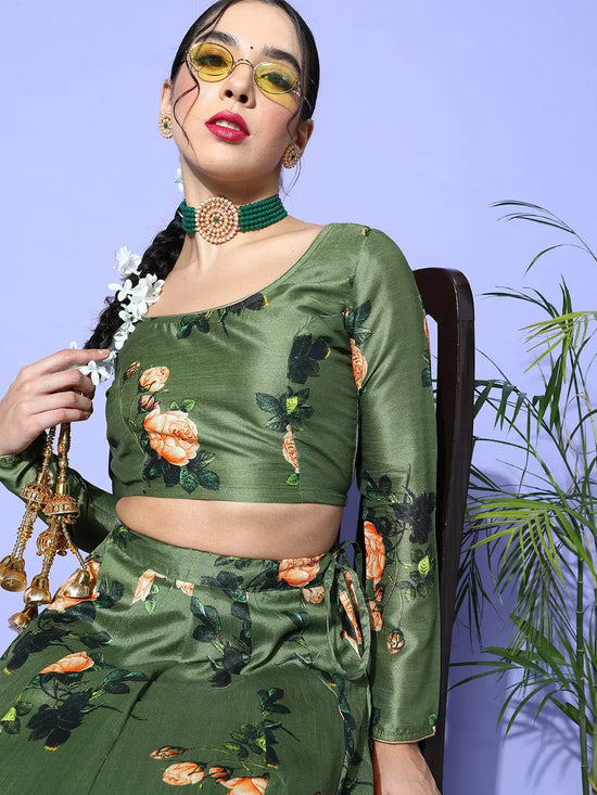 Women Green Floral Chanderi Crop Top