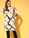 Women White & Mustard Check Hair Wool Long Sweater