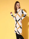 Women White & Mustard Check Hair Wool Long Sweater