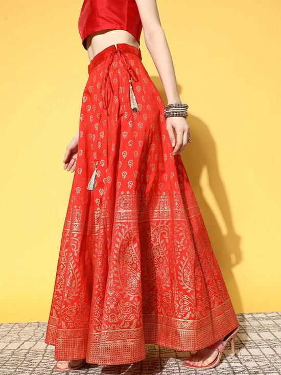 Women Red Paisely Foil Print Anarkali Skirt