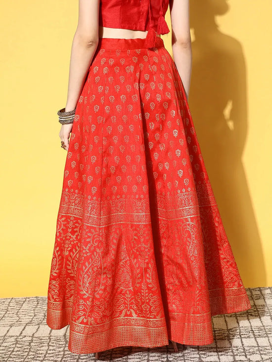 Women Red Paisely Foil Print Anarkali Skirt