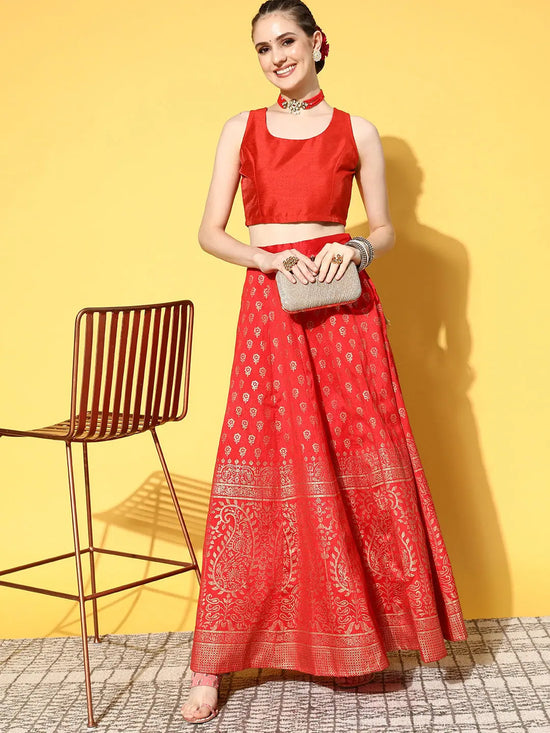 Women Red Paisely Foil Print Anarkali Skirt