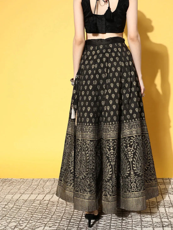 Women Black Paisely Foil Print Anarkali Skirt