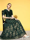 Women Emerald Green Foil Print Anarkali Skirt