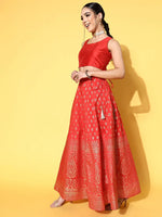 Women Red Crop Top With Paisley Foil Anarkali Skirt