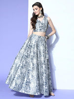 Women Blue Floral Crop Top with Anarkali Skirt