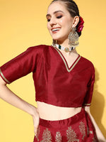 Women Maroon Crop Top With Foil Anarkali Skirt