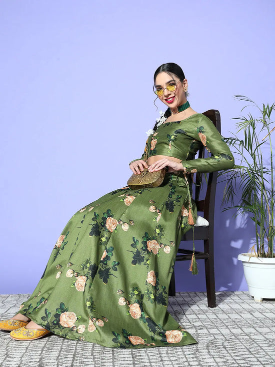 Women Green Floral Chanderi Anarkali Skirt