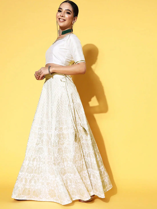 Women White Crop Top With Foil Anarkali Skirt