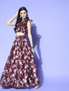 Women Burgundy Floral Layered Crop Top With Anarkali Skirt