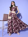 Women Burgundy Floral Layered Crop Top With Anarkali Skirt