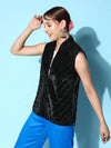 Women Solid Standard Black Sleeveless Jacket