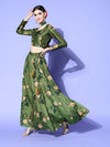 Women Green Floral Crop Top With Anarkali Skirt