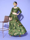 Women Green Floral Crop Top With Anarkali Skirt