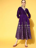 Women Purple Foil Print Wrap Anarkali Dress