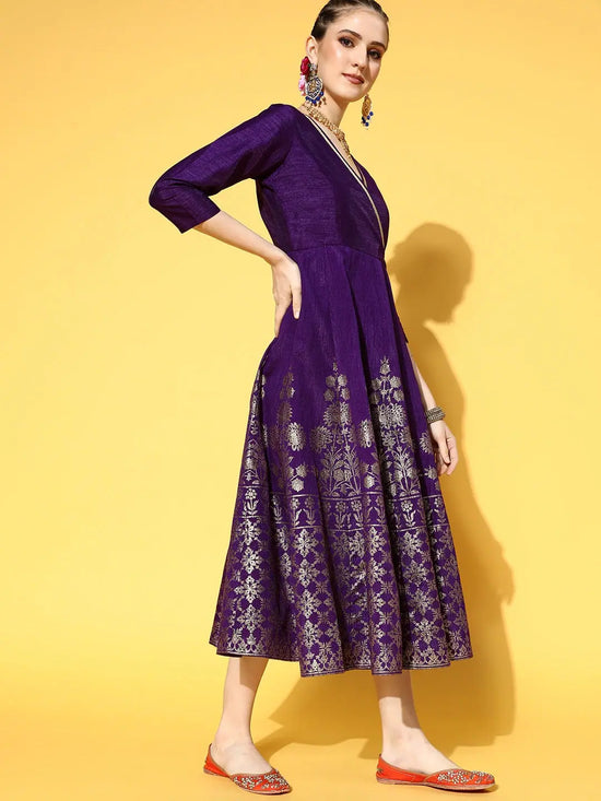 Women Purple Foil Print Wrap Anarkali Dress