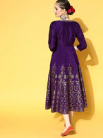 Women Purple Foil Print Wrap Anarkali Dress