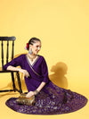 Women Purple Foil Print Wrap Anarkali Dress