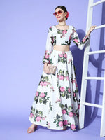 Women White Floral Crop Top With Anarkali Skirt