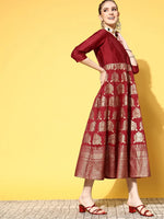 Women Maroon Foil Print Anarkali Dress