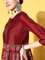 Women Maroon Foil Print Anarkali Dress