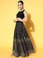 Women Black Crop Top With Paisley Foil Anarkali Skirt