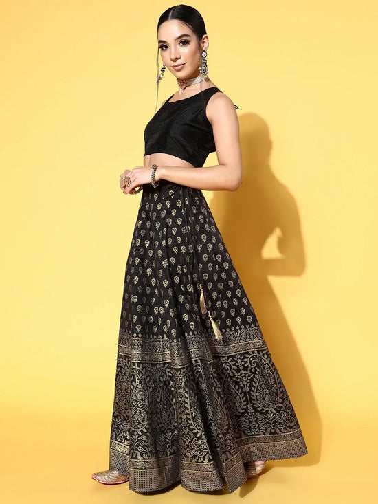 Women Black Crop Top With Paisley Foil Anarkali Skirt