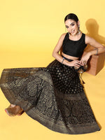 Women Black Crop Top With Paisley Foil Anarkali Skirt