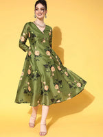 Women Green Floral Chanderi Wrap Anarkali Dress