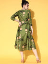 Women Green Floral Chanderi Wrap Anarkali Dress