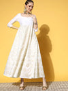 Women White Foil Print Anarkali Maxi Dress