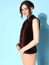 Women Solid Standard Brown Sleeveless Jacket