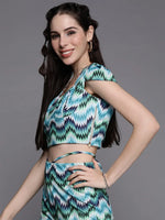 Women Blue Chevron Print Cap Sleeves Crop Top