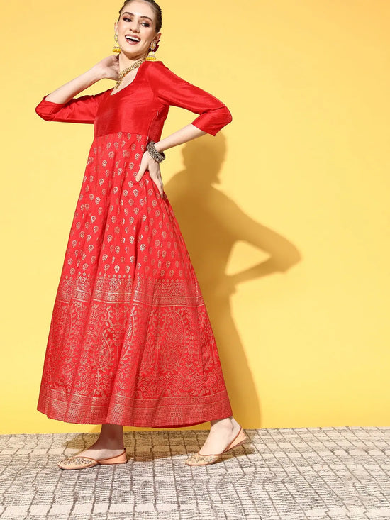 Women Red Paisley Foil Print Anarkali Dress