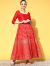 Women Red Paisley Foil Print Anarkali Dress