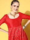 Women Red Paisley Foil Print Anarkali Dress