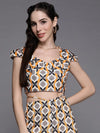 Women Mustard Geometric Print Cap Sleeves Crop Top