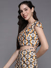 Women Mustard Geometric Print Cap Sleeves Crop Top